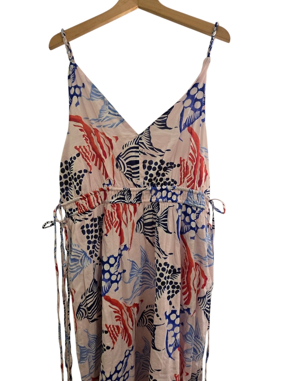 LOFT V-Neck Maxi Dress in Blue, Coral & Cream Fish Print - Picture 2 of 7